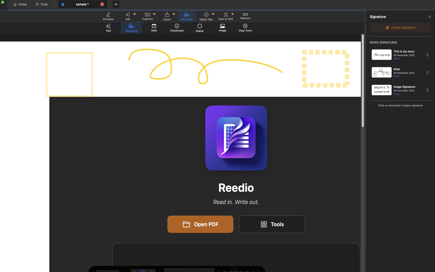 Reedio signature panel with saved signatures